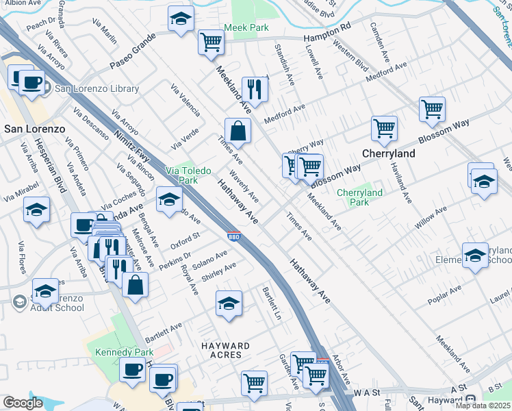 map of restaurants, bars, coffee shops, grocery stores, and more near 19837 Waverly Avenue in Hayward