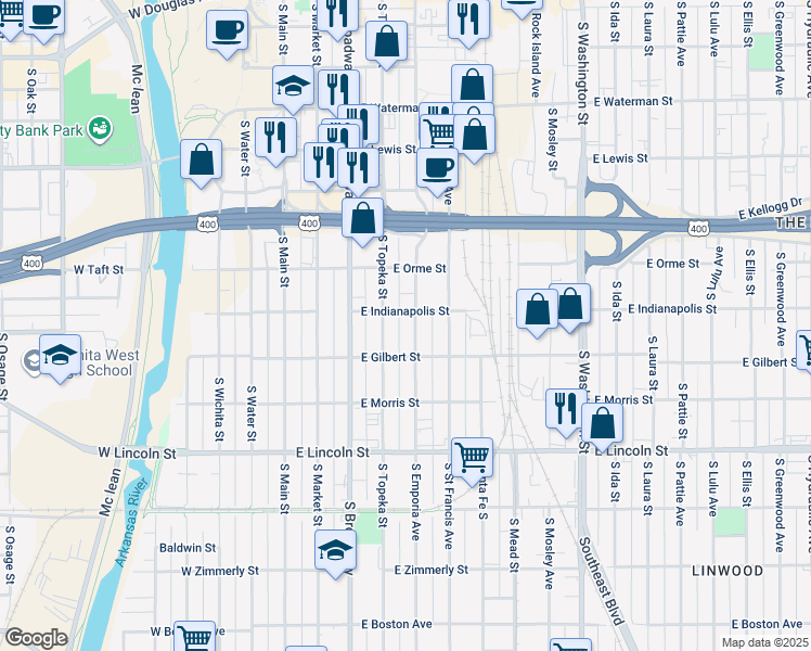 map of restaurants, bars, coffee shops, grocery stores, and more near 911 South Emporia Avenue in Wichita