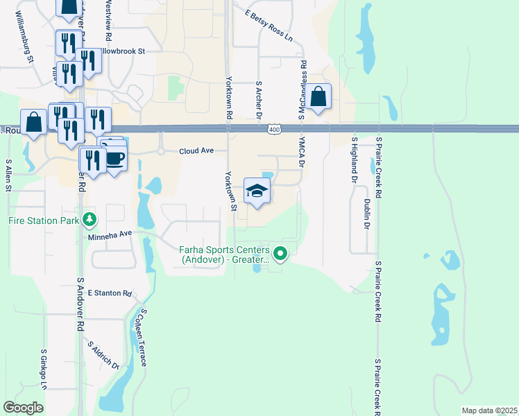 map of restaurants, bars, coffee shops, grocery stores, and more near 654 YMCA Drive in Andover