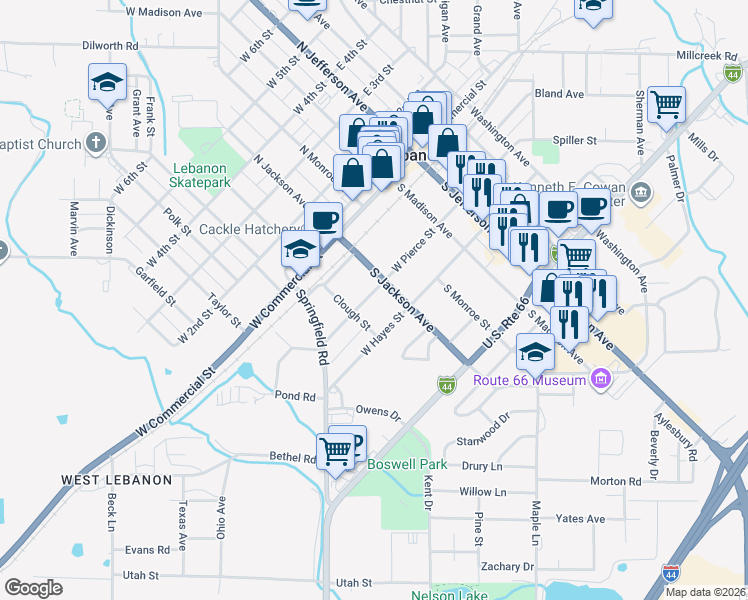 map of restaurants, bars, coffee shops, grocery stores, and more near 446 West Pierce Street in Lebanon