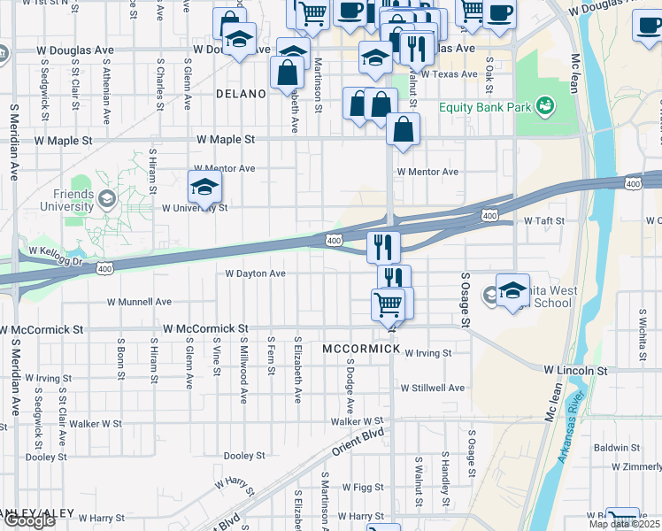 map of restaurants, bars, coffee shops, grocery stores, and more near 728 South Martinson Street in Wichita