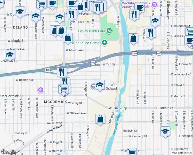 map of restaurants, bars, coffee shops, grocery stores, and more near 725 South Sycamore Street in Wichita