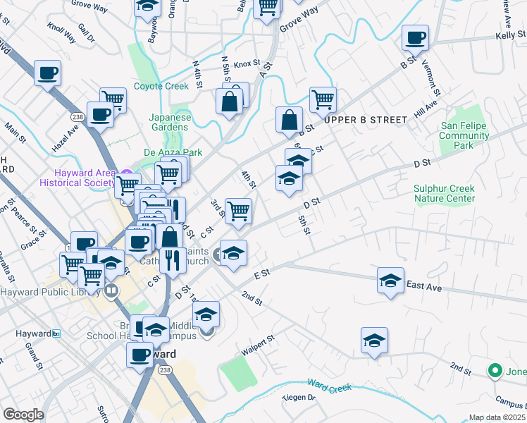 map of restaurants, bars, coffee shops, grocery stores, and more near 22765 4th Street in Hayward