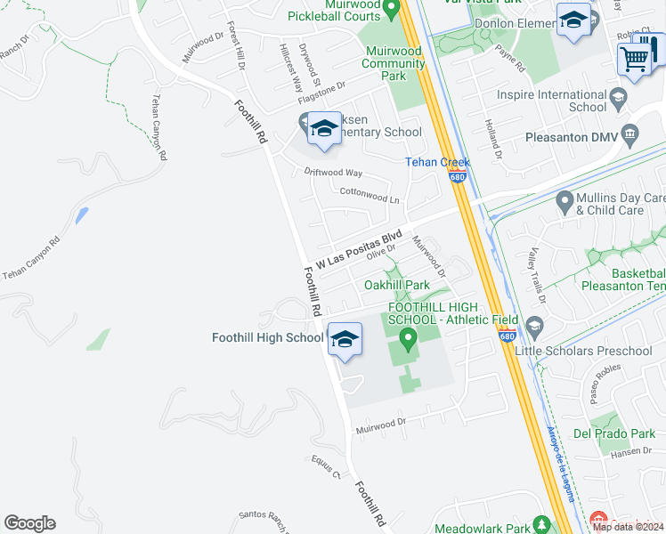 map of restaurants, bars, coffee shops, grocery stores, and more near 7841 Olive Court in Pleasanton