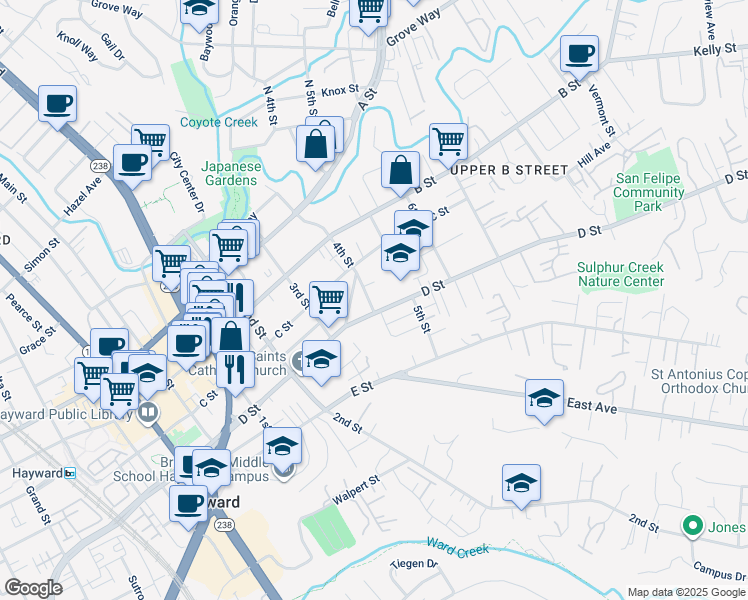 map of restaurants, bars, coffee shops, grocery stores, and more near 22774 4th Street in Hayward