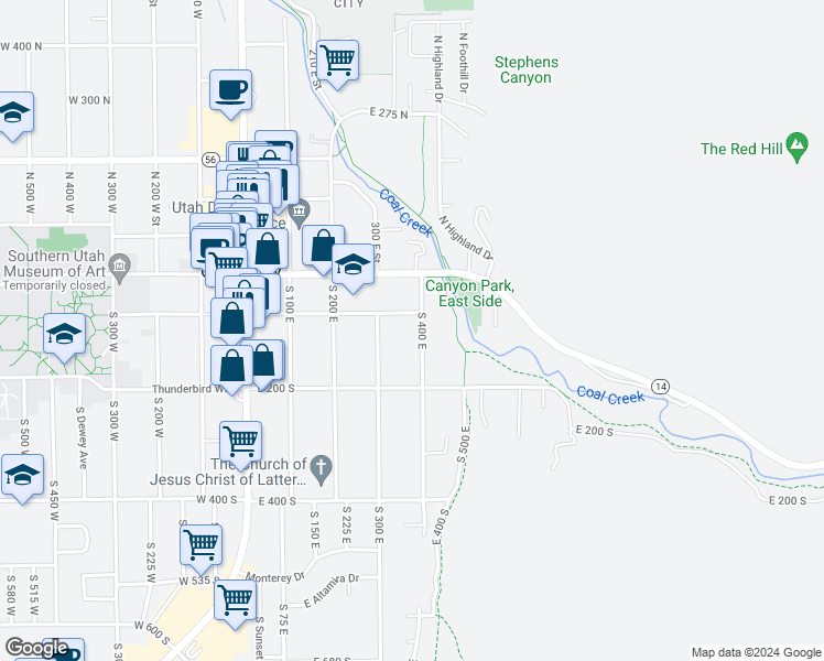map of restaurants, bars, coffee shops, grocery stores, and more near 104 South 400 East in Cedar City