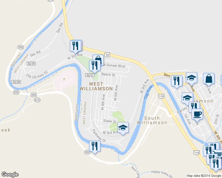 map of restaurants, bars, coffee shops, grocery stores, and more near 128 Gum Street in Williamson