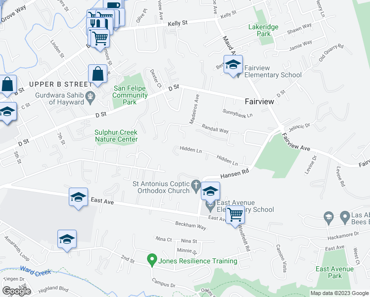 map of restaurants, bars, coffee shops, grocery stores, and more near Hidden Oaks Drive in Hayward