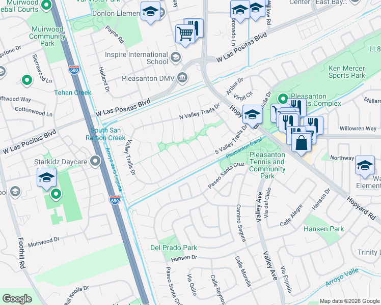 map of restaurants, bars, coffee shops, grocery stores, and more near 3440 Cumberland Gap Court in Pleasanton