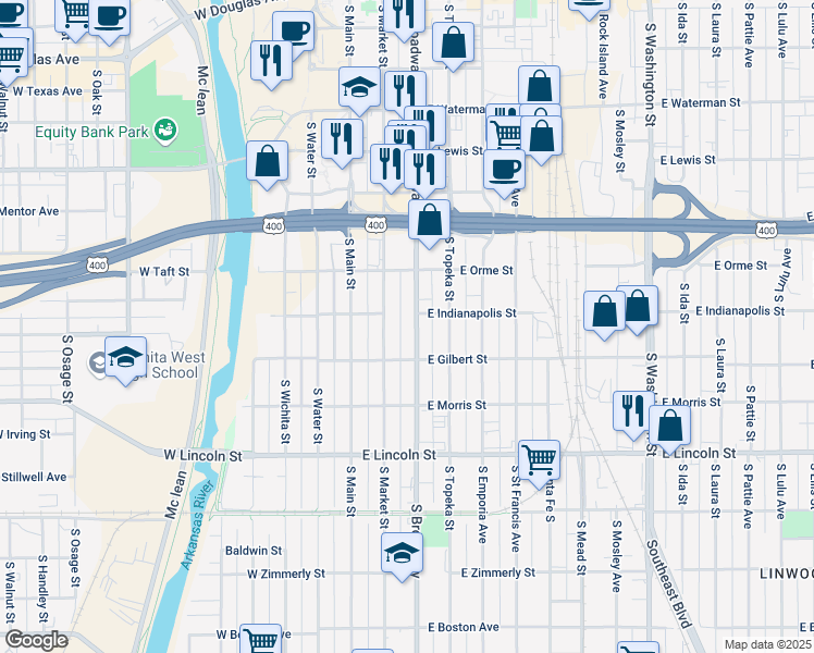 map of restaurants, bars, coffee shops, grocery stores, and more near 920 South Market Street in Wichita
