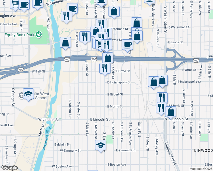 map of restaurants, bars, coffee shops, grocery stores, and more near 910 South Broadway in Wichita