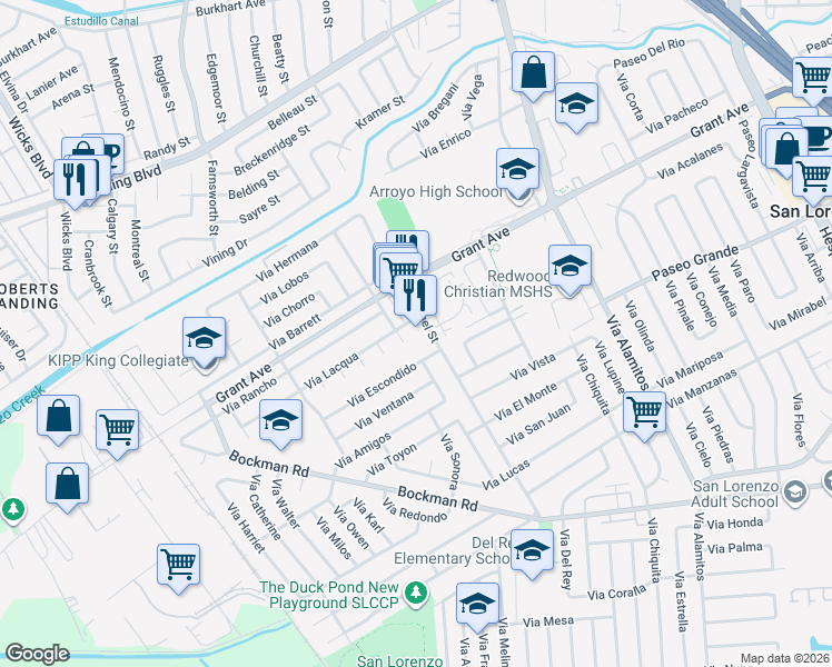 map of restaurants, bars, coffee shops, grocery stores, and more near 15845 Channel Street in San Lorenzo