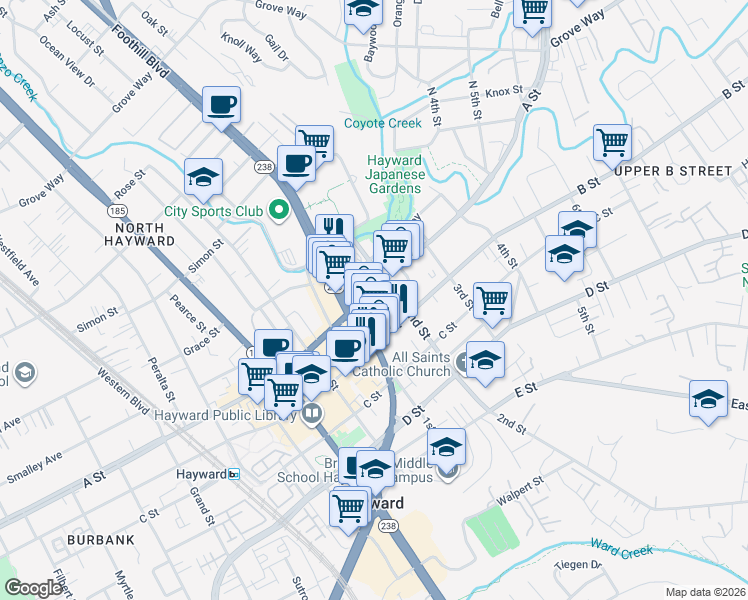 map of restaurants, bars, coffee shops, grocery stores, and more near 1151 A Street in Hayward
