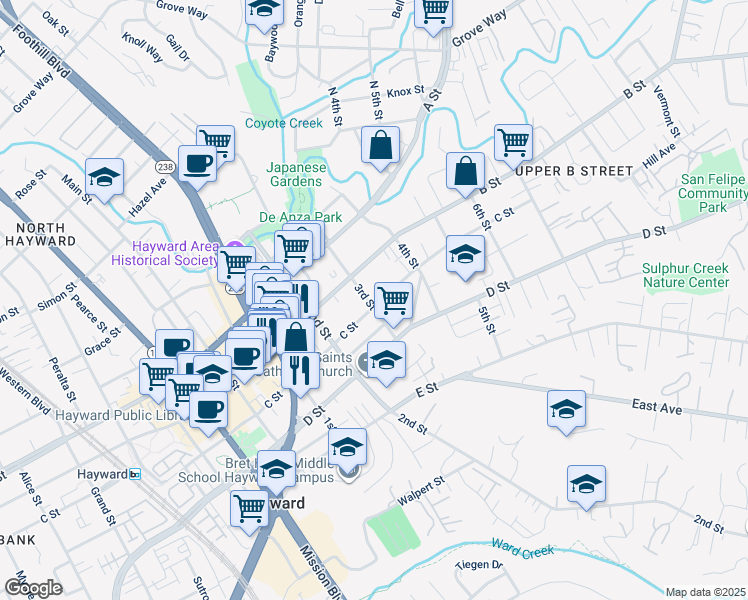 map of restaurants, bars, coffee shops, grocery stores, and more near 1306 C Street in Hayward