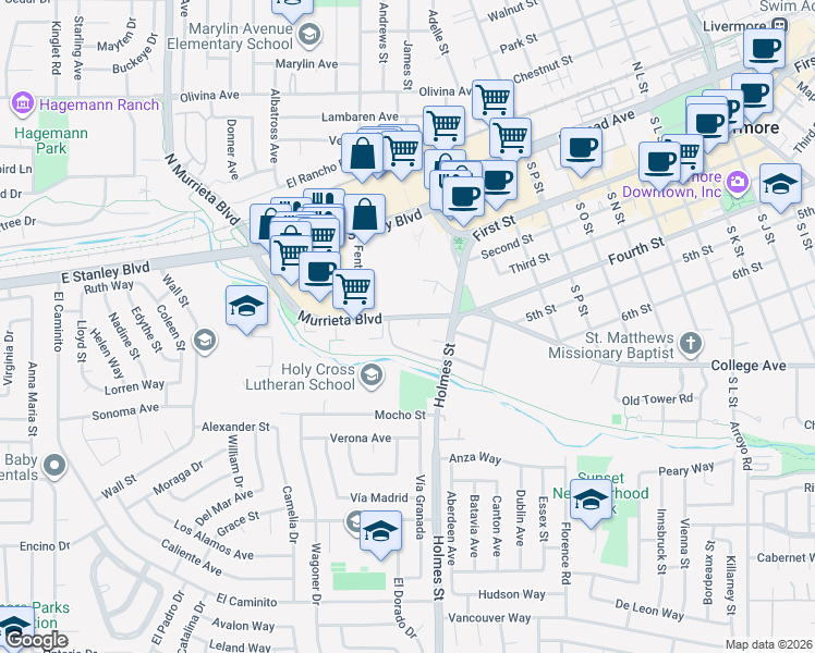map of restaurants, bars, coffee shops, grocery stores, and more near 1085 Murrieta Boulevard in Livermore