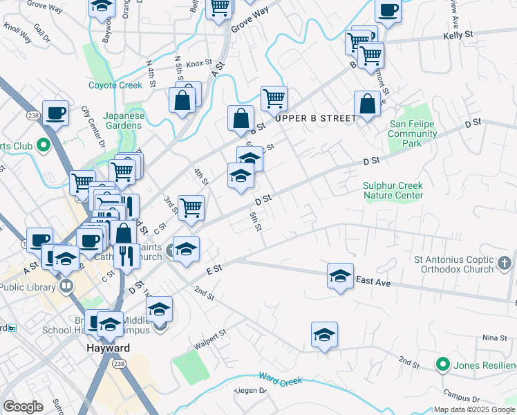 map of restaurants, bars, coffee shops, grocery stores, and more near 1521 D Street in Hayward