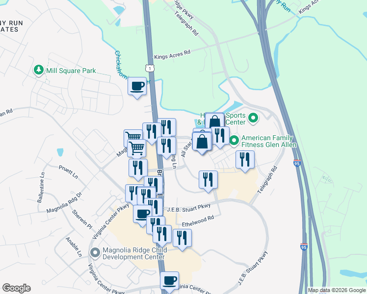 map of restaurants, bars, coffee shops, grocery stores, and more near 10165 Brook Road in Glen Allen