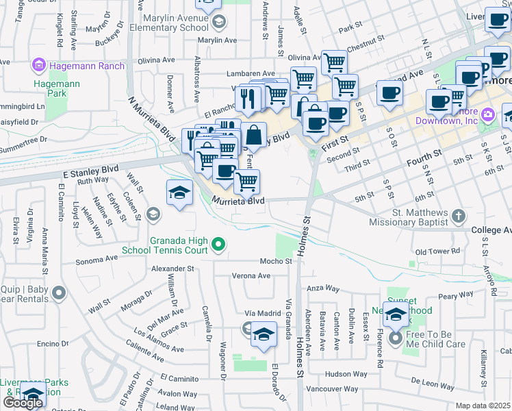 map of restaurants, bars, coffee shops, grocery stores, and more near 1009 Murrieta Boulevard in Livermore