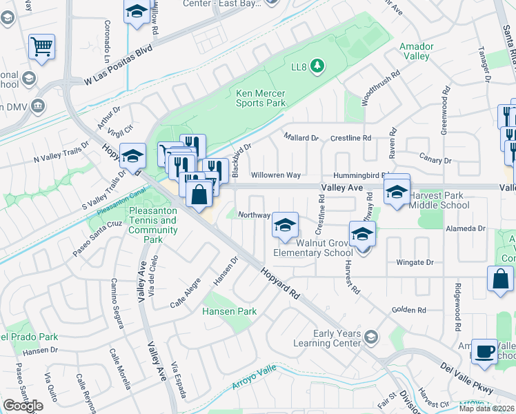 map of restaurants, bars, coffee shops, grocery stores, and more near 2307 Bay Meadows Circle in Pleasanton