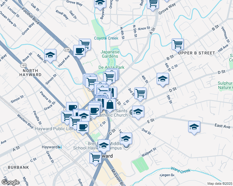 map of restaurants, bars, coffee shops, grocery stores, and more near 1216 B Street in Hayward