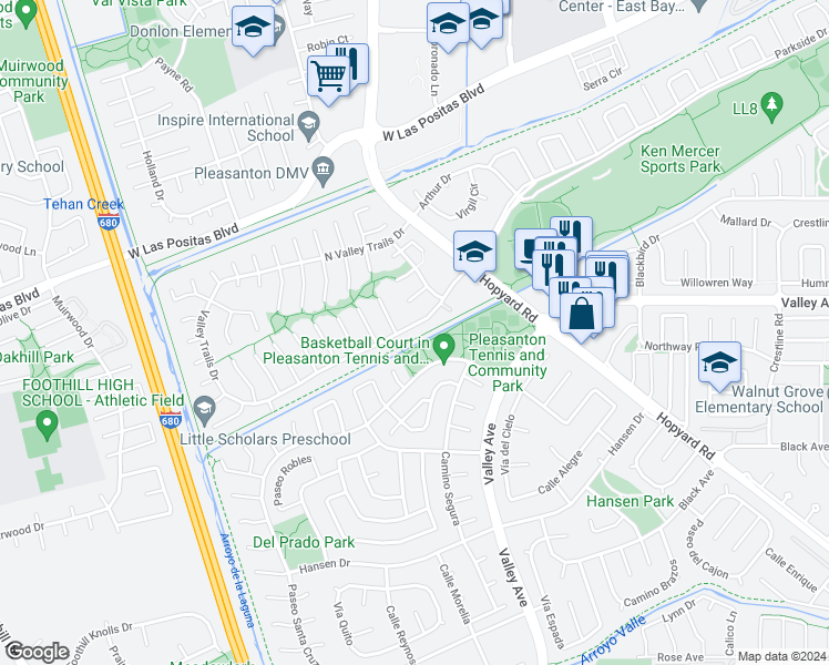map of restaurants, bars, coffee shops, grocery stores, and more near 7259 Valley Trails Drive in Pleasanton