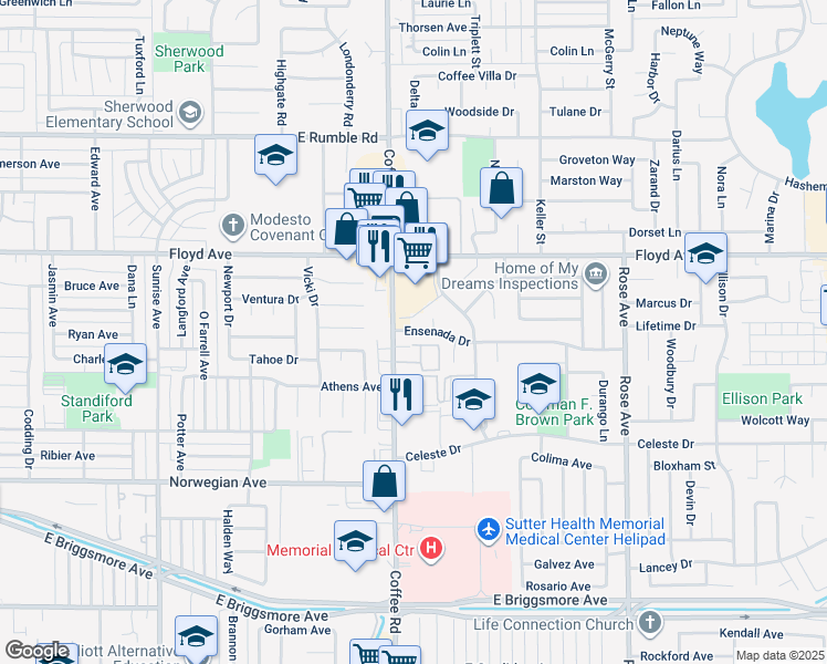 map of restaurants, bars, coffee shops, grocery stores, and more near 1304 Ensenada Drive in Modesto