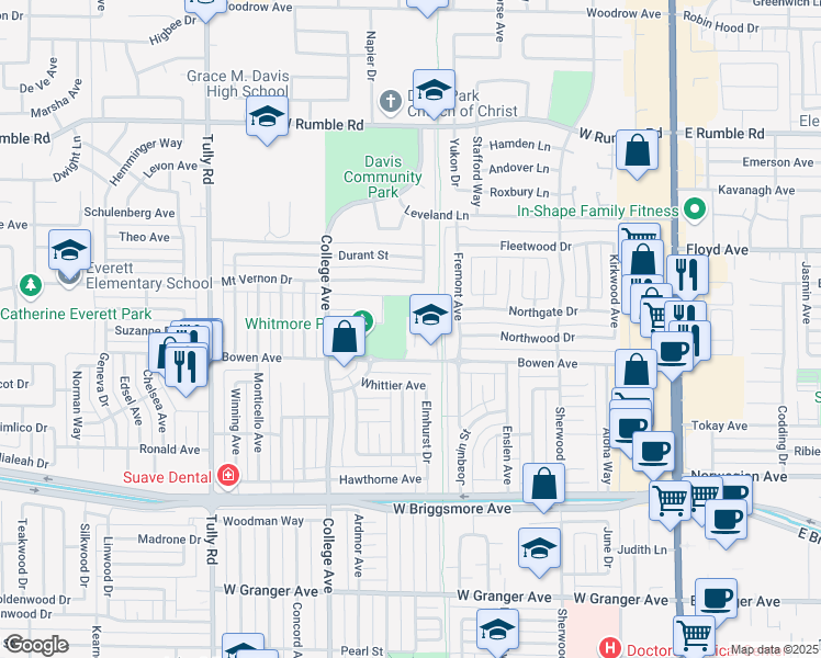 map of restaurants, bars, coffee shops, grocery stores, and more near 915 Bowen Avenue in Modesto