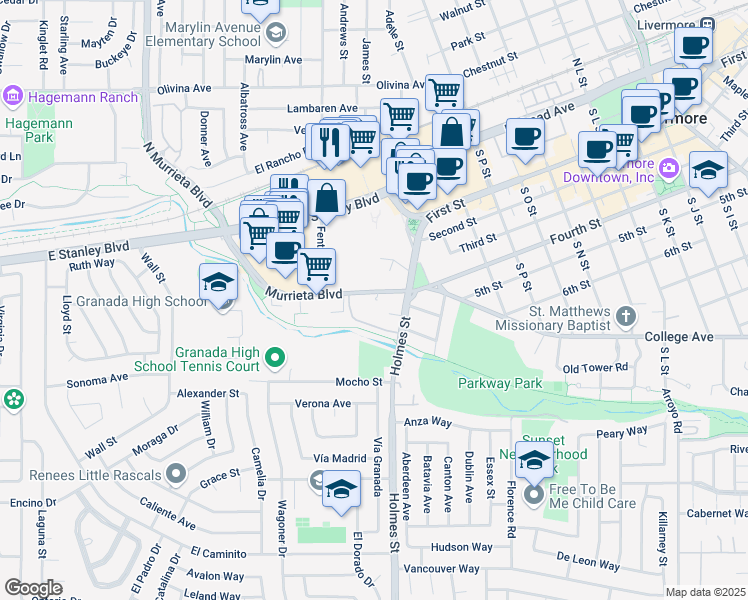 map of restaurants, bars, coffee shops, grocery stores, and more near 1168 Holmes Court in Livermore