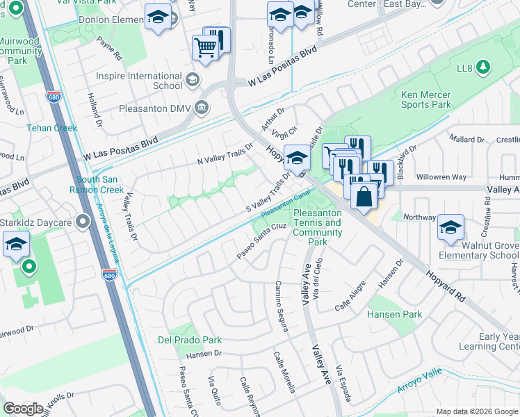 map of restaurants, bars, coffee shops, grocery stores, and more near 7259 Valley Trails Drive in Pleasanton