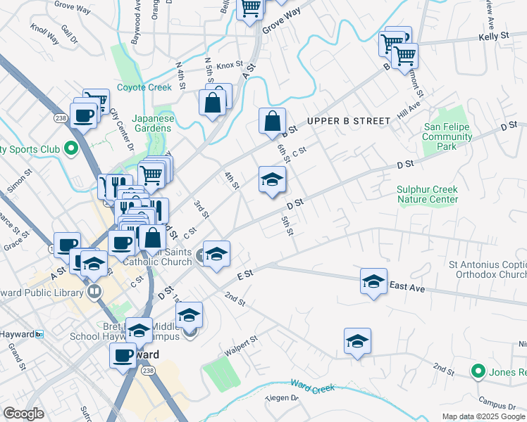 map of restaurants, bars, coffee shops, grocery stores, and more near 1443 D Street in Hayward