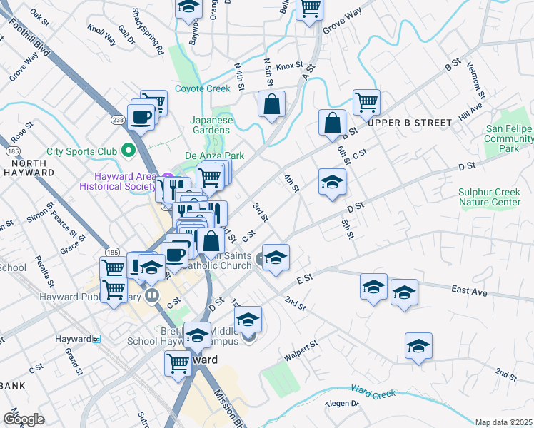 map of restaurants, bars, coffee shops, grocery stores, and more near 1327 C Street in Hayward