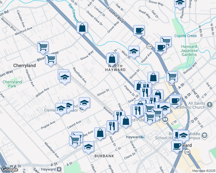 map of restaurants, bars, coffee shops, grocery stores, and more near 574 Simon Street in Hayward