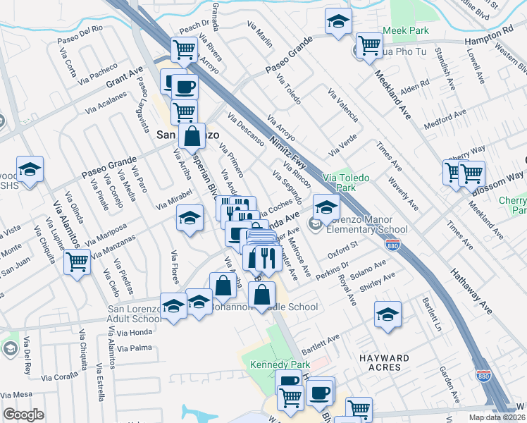 map of restaurants, bars, coffee shops, grocery stores, and more near 17579 Via Primero in San Lorenzo