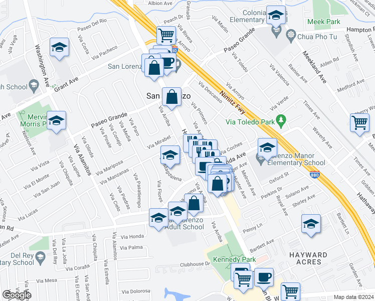 map of restaurants, bars, coffee shops, grocery stores, and more near 16215 Via Arriba in San Lorenzo