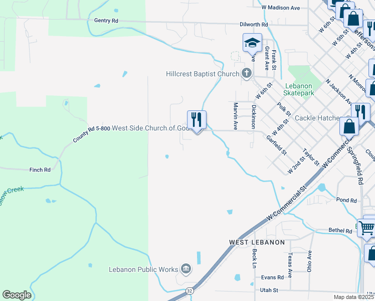 map of restaurants, bars, coffee shops, grocery stores, and more near 930 New Buffalo Road in Lebanon