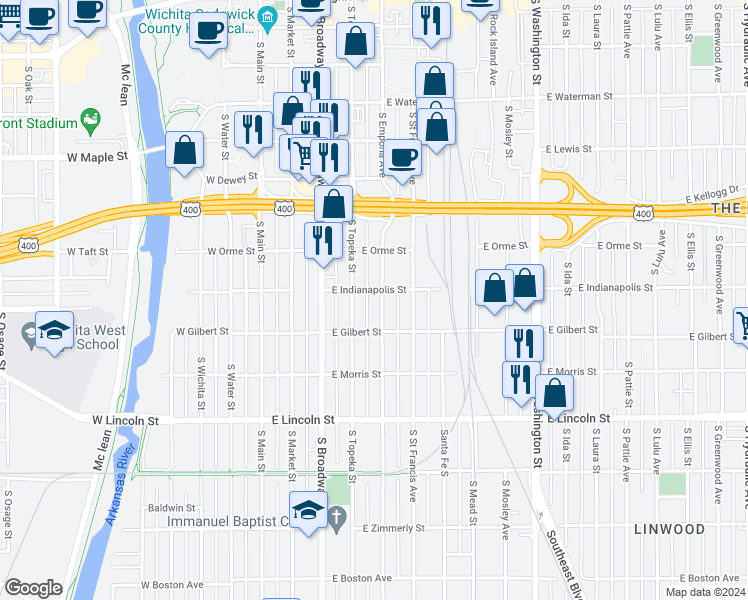 map of restaurants, bars, coffee shops, grocery stores, and more near 911 South Emporia Avenue in Wichita