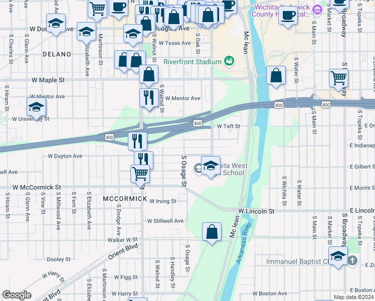 map of restaurants, bars, coffee shops, grocery stores, and more near 726 Dayton Street in Wichita
