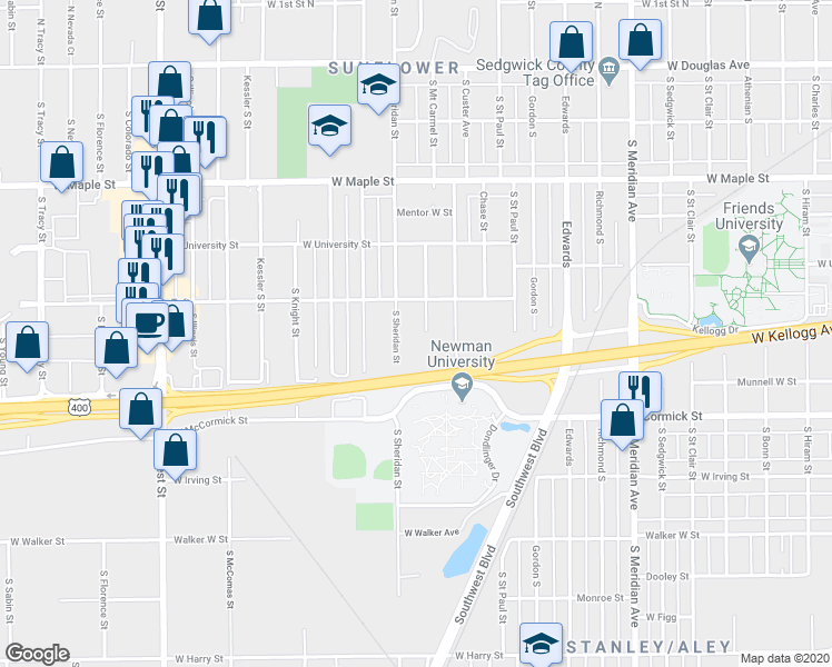 map of restaurants, bars, coffee shops, grocery stores, and more near 626 South Sheridan Street in Wichita