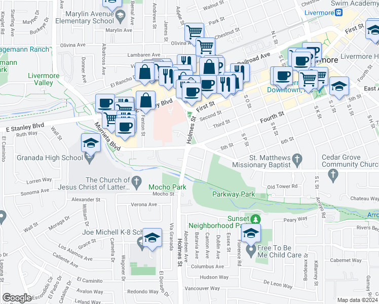 map of restaurants, bars, coffee shops, grocery stores, and more near 1208 Marguerite Street in Livermore