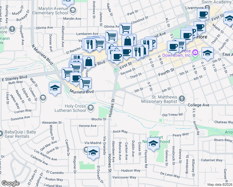 map of restaurants, bars, coffee shops, grocery stores, and more near 1256 Marguerite Street in Livermore