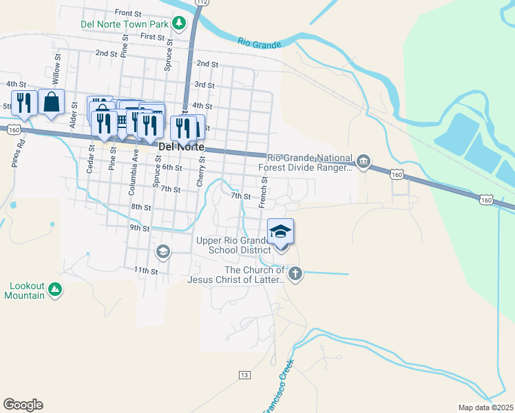 map of restaurants, bars, coffee shops, grocery stores, and more near 745 French Street in Del Norte