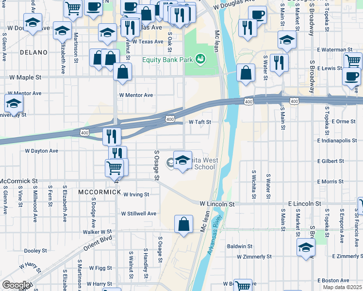 map of restaurants, bars, coffee shops, grocery stores, and more near 725 South Sycamore Street in Wichita