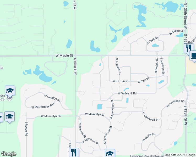 map of restaurants, bars, coffee shops, grocery stores, and more near 445 South Fawnwood Street in Wichita