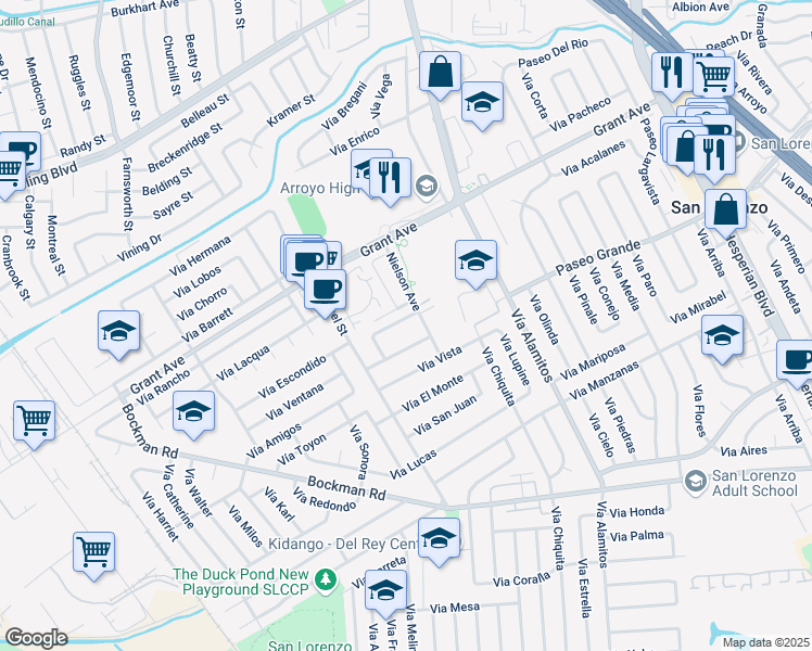 map of restaurants, bars, coffee shops, grocery stores, and more near 1338 Vía Faisan in San Lorenzo