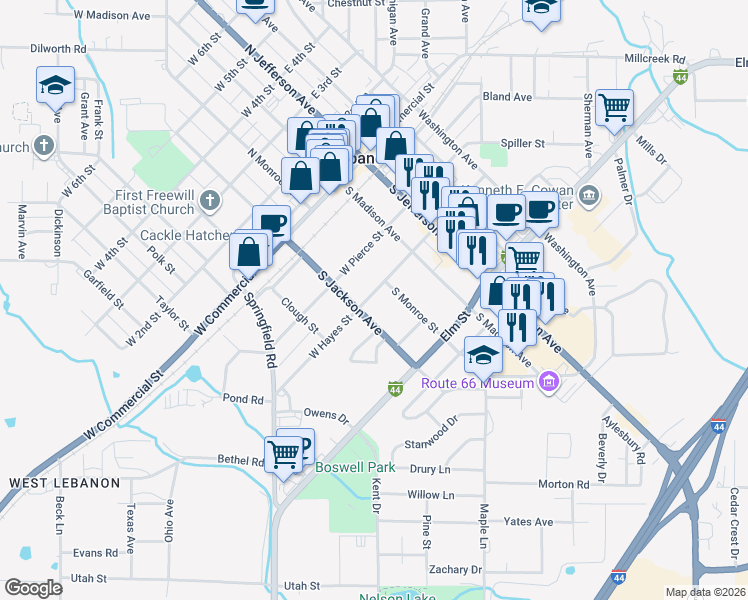 map of restaurants, bars, coffee shops, grocery stores, and more near 352 West Hayes Street in Lebanon
