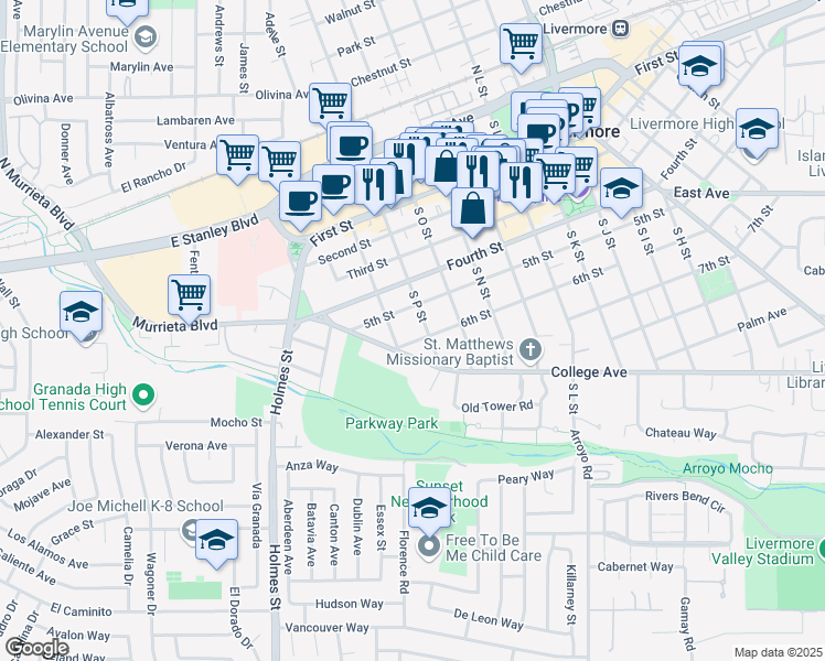 map of restaurants, bars, coffee shops, grocery stores, and more near 1556 6th Street in Livermore