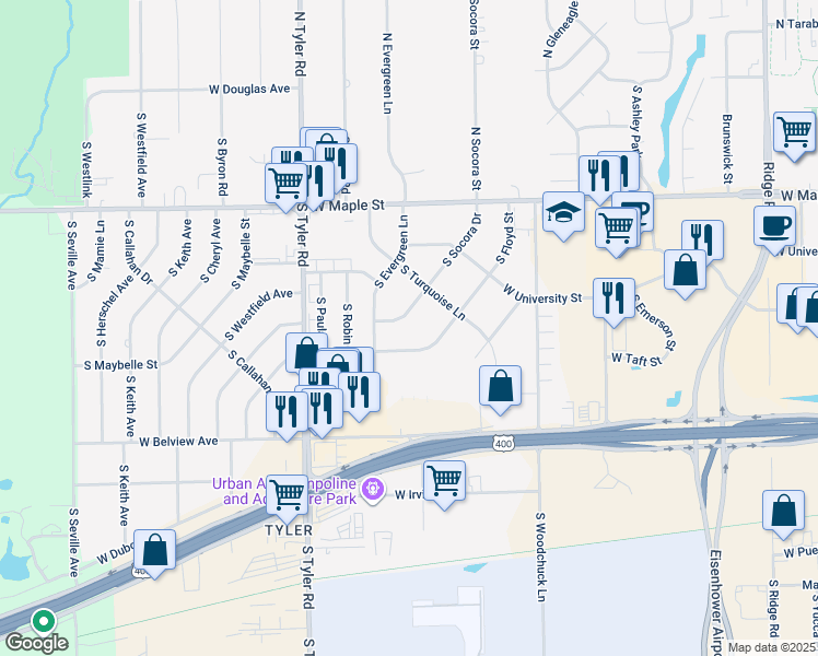 map of restaurants, bars, coffee shops, grocery stores, and more near 525 S Floyd St in Wichita