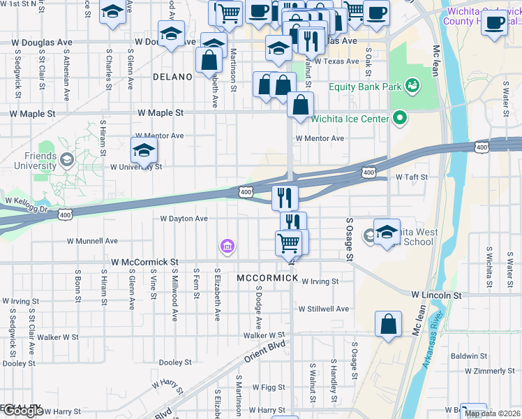 map of restaurants, bars, coffee shops, grocery stores, and more near 1140 Dayton Street in Wichita