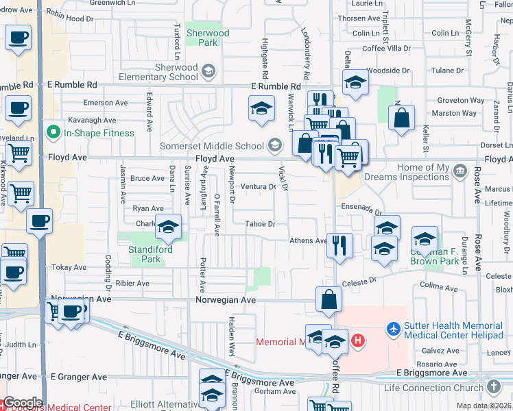 map of restaurants, bars, coffee shops, grocery stores, and more near 928 Pasadena Lane in Modesto