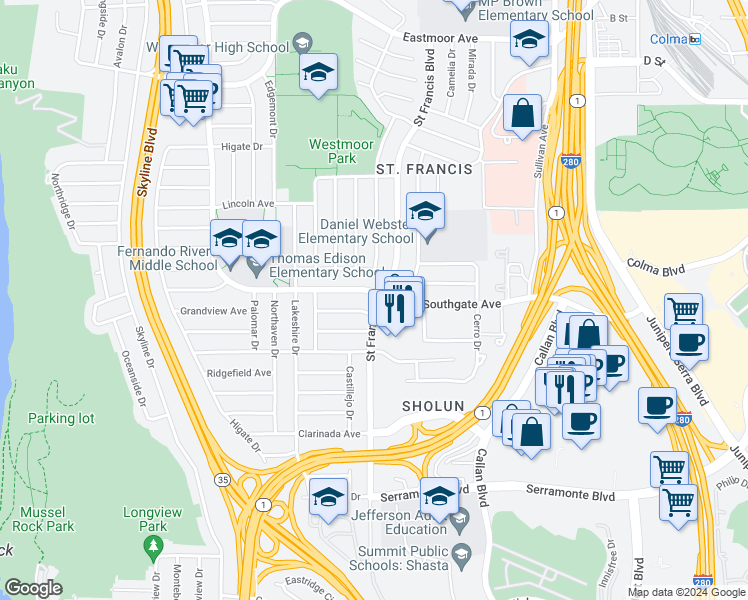 map of restaurants, bars, coffee shops, grocery stores, and more near in Broadmoor